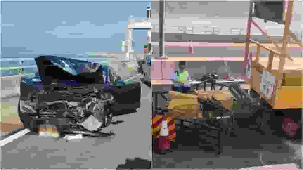 港珠澳大橋Tesla撞修路箭嘴車 40歲女司機送院治理