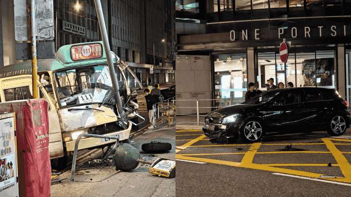 新蒲崗大有街兩車相撞 專線小巴剷上街人路 撞毀燈柱鐵欄