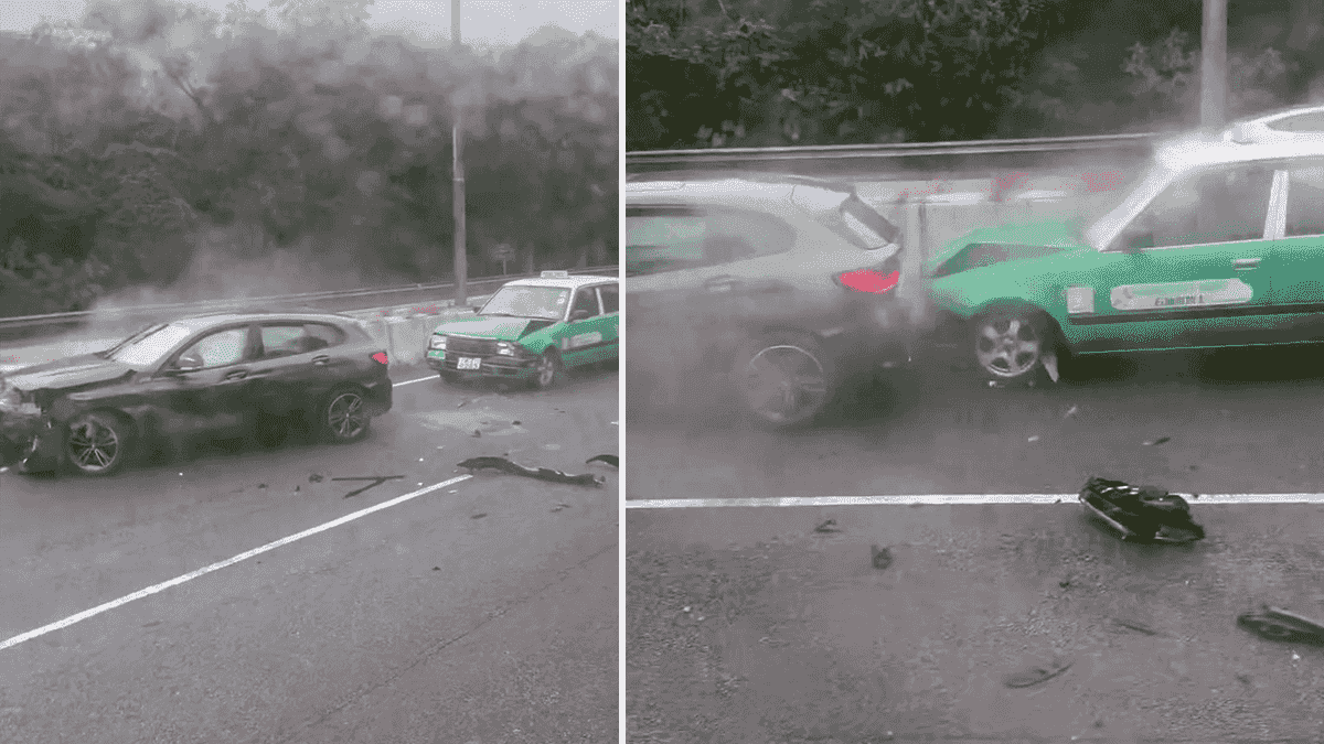 有片|粉嶺公路私家車自炒 尾隨的士未收油直撞車尾 網民:禍不單行